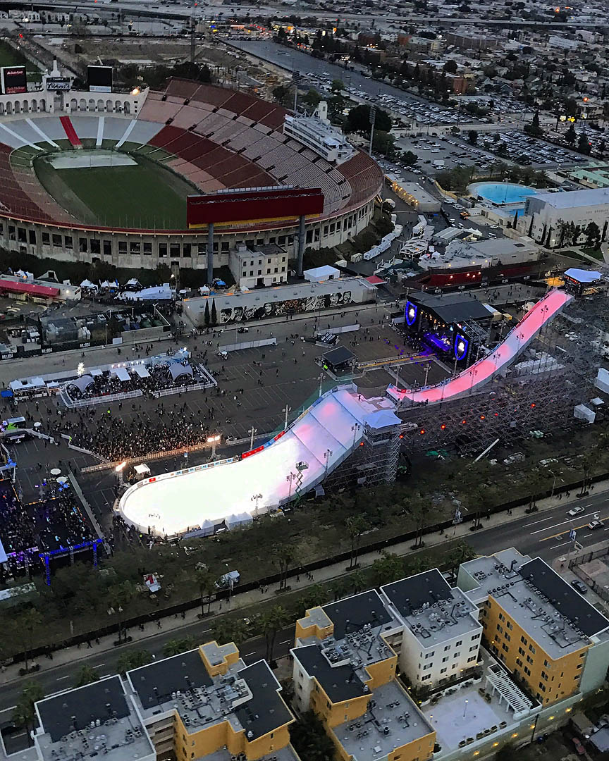X-Games at the Los Angeles memorial coloseum. Los Angeles Helicopter Tours.