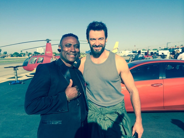 Hugh Jackman poses with Robin Petgrave. Los Angeles Helicopter Tours.
