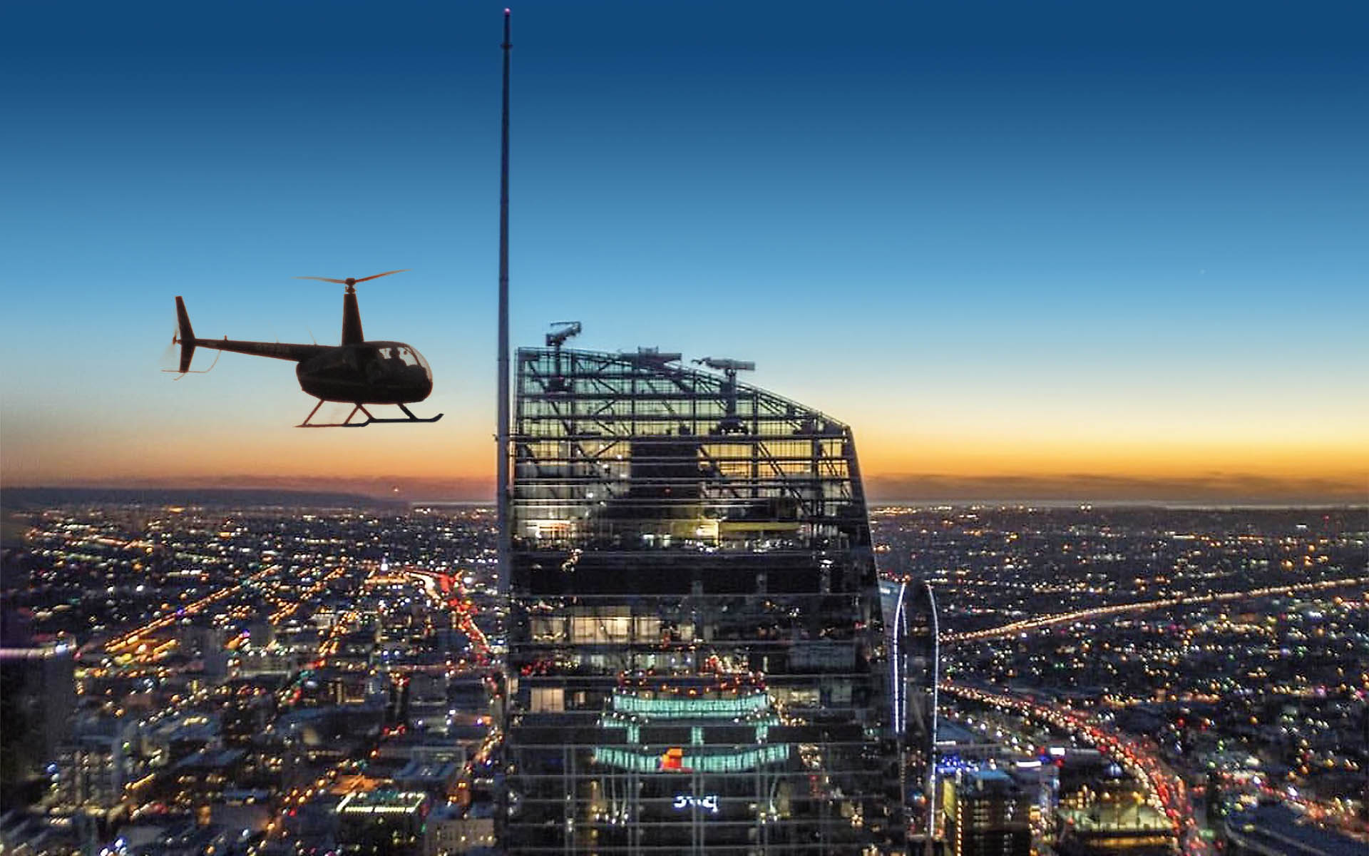 Helicopter flying past the Intercontinental Hotel in Los Angeles