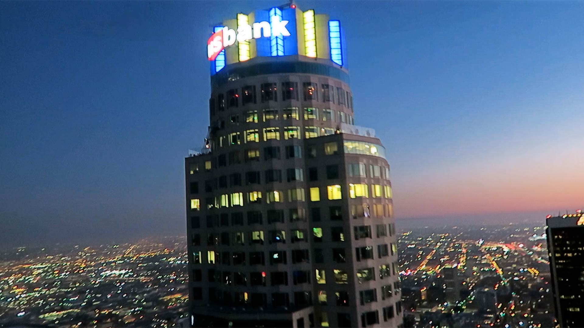 The US Bank building in Los Angeles. Taken at sunset by Celebrity Helicopter Tours.